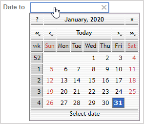 An interactive calendar appears when the "Date to" field is clicked.